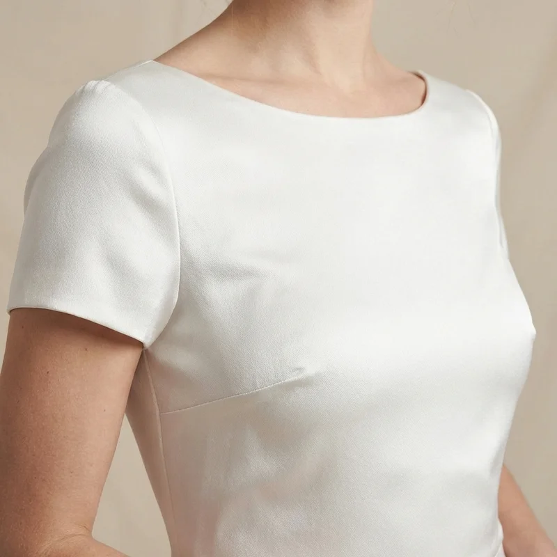 Minimalist Satin Short Sleeve Wedding Dress - 3