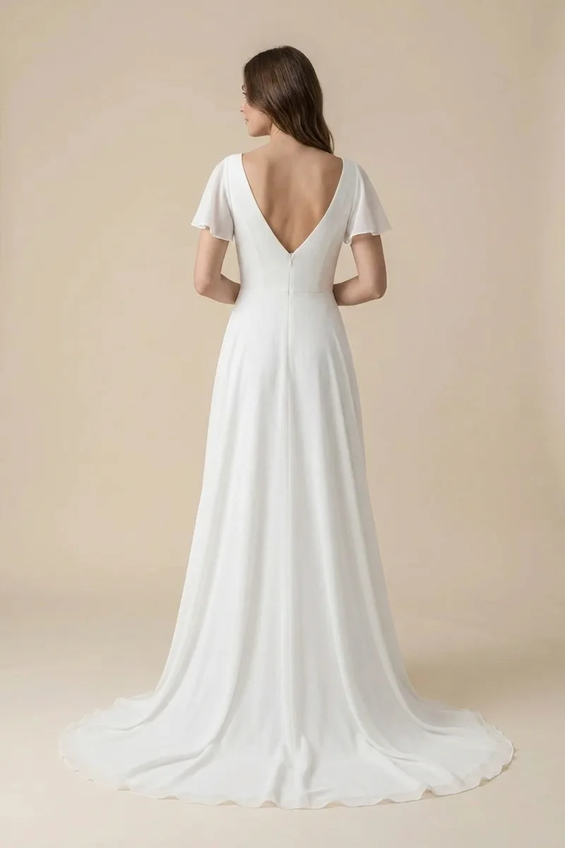 Breezy Chiffon Short Sleeve Beach Wedding Dress - 2