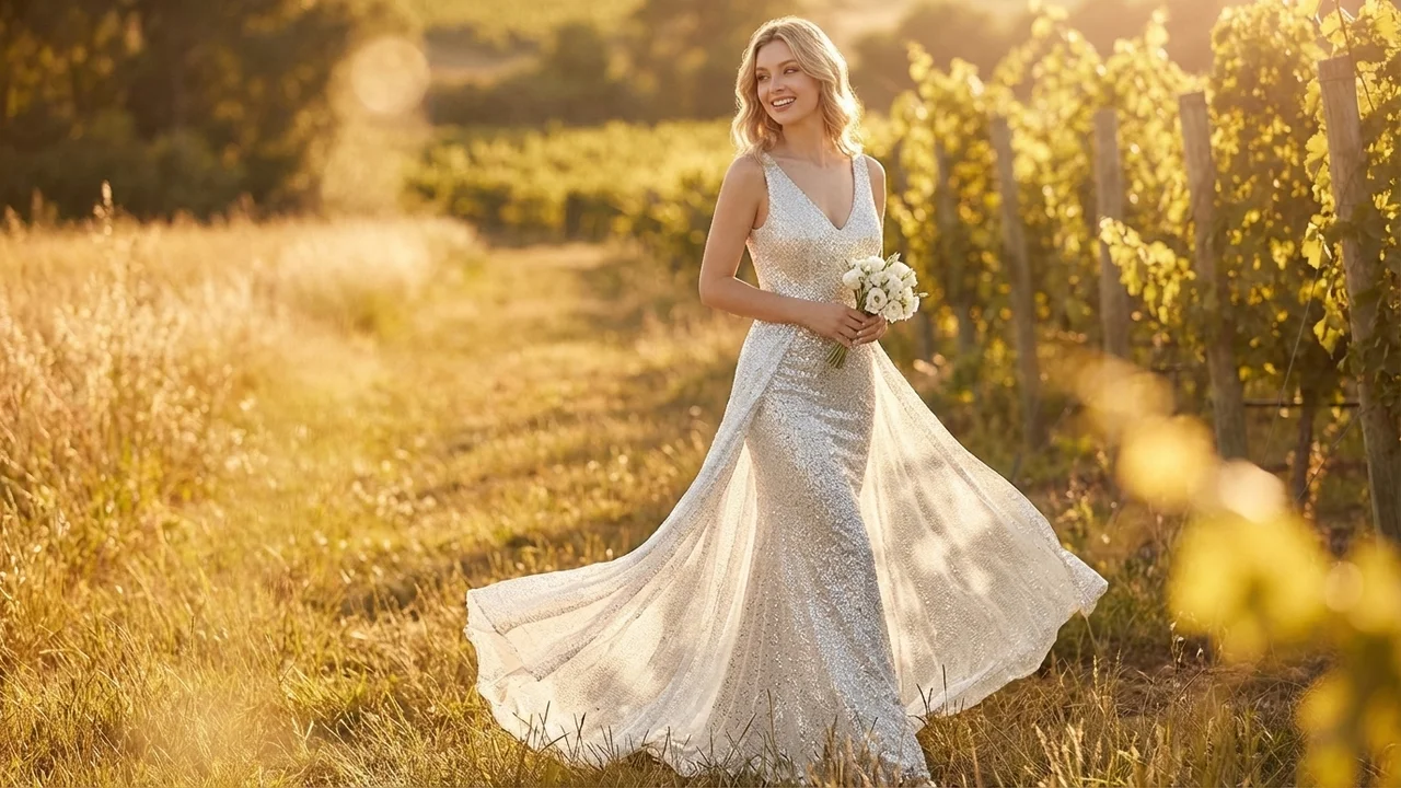 Mila Sequin V-Neck Sheath Wedding Dress - 6