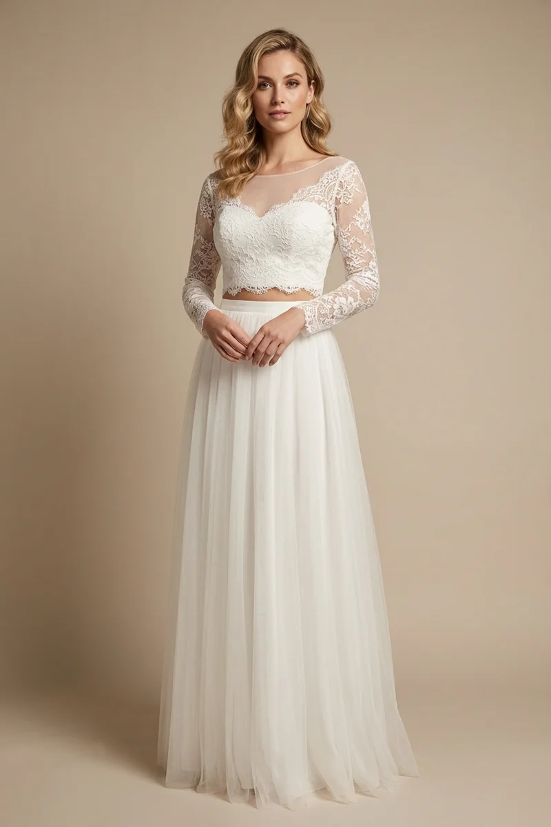 Aria Lace Crop Top & Tulle Skirt Two Piece Wedding Dress - 1