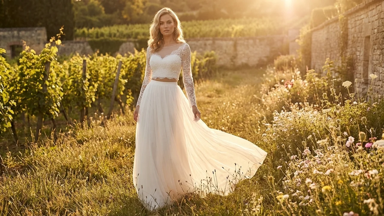 Aria Lace Crop Top & Tulle Skirt Two Piece Wedding Dress - 6