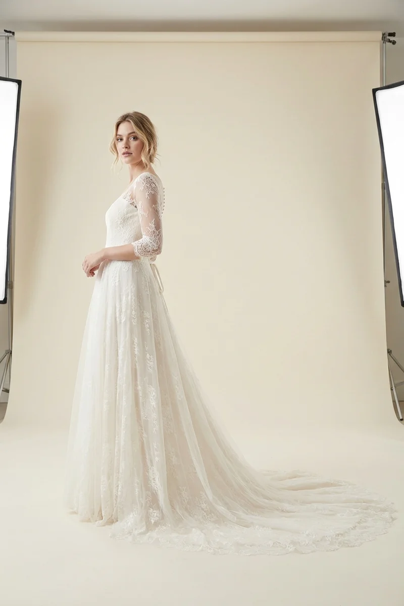 Romantic Lace A-Line Gown with 3/4 Sleeves - 1