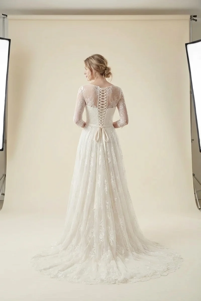 Romantic Lace A-Line Gown with 3/4 Sleeves - 2