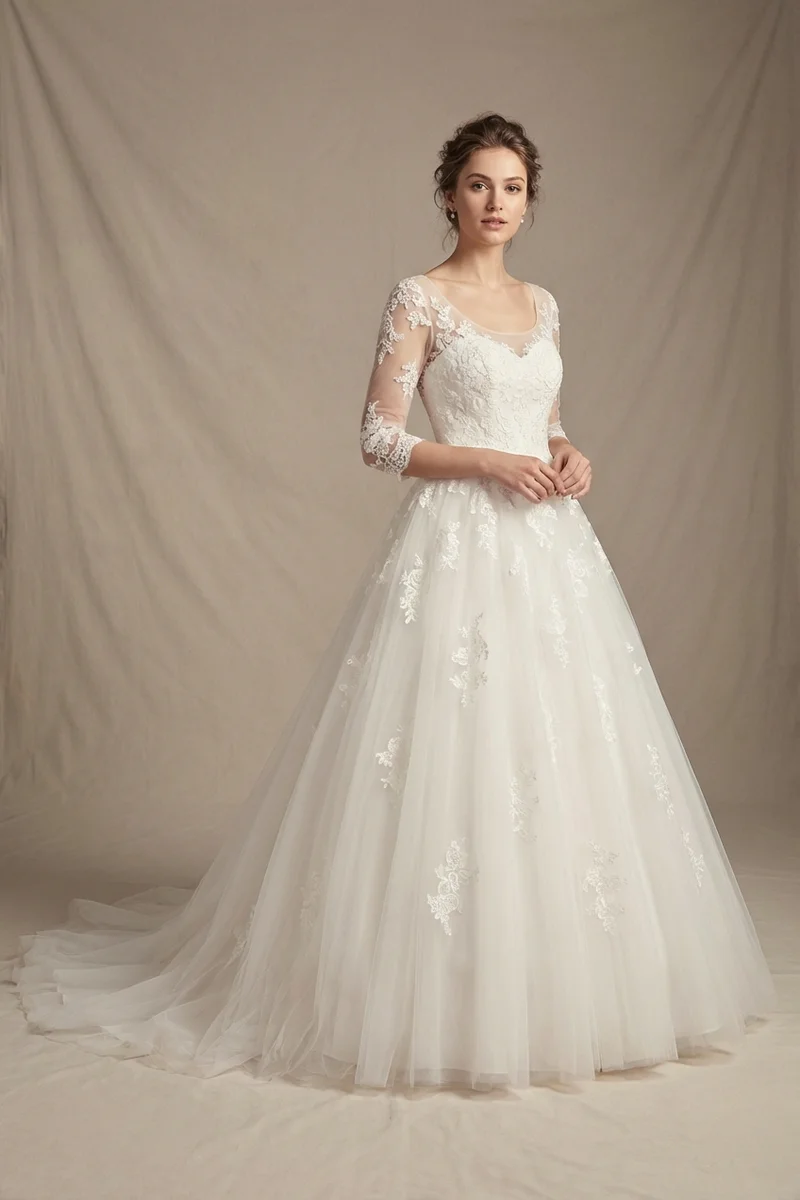 Elegant Tulle Wedding Dress with Applique 3/4 Sleeves - 1