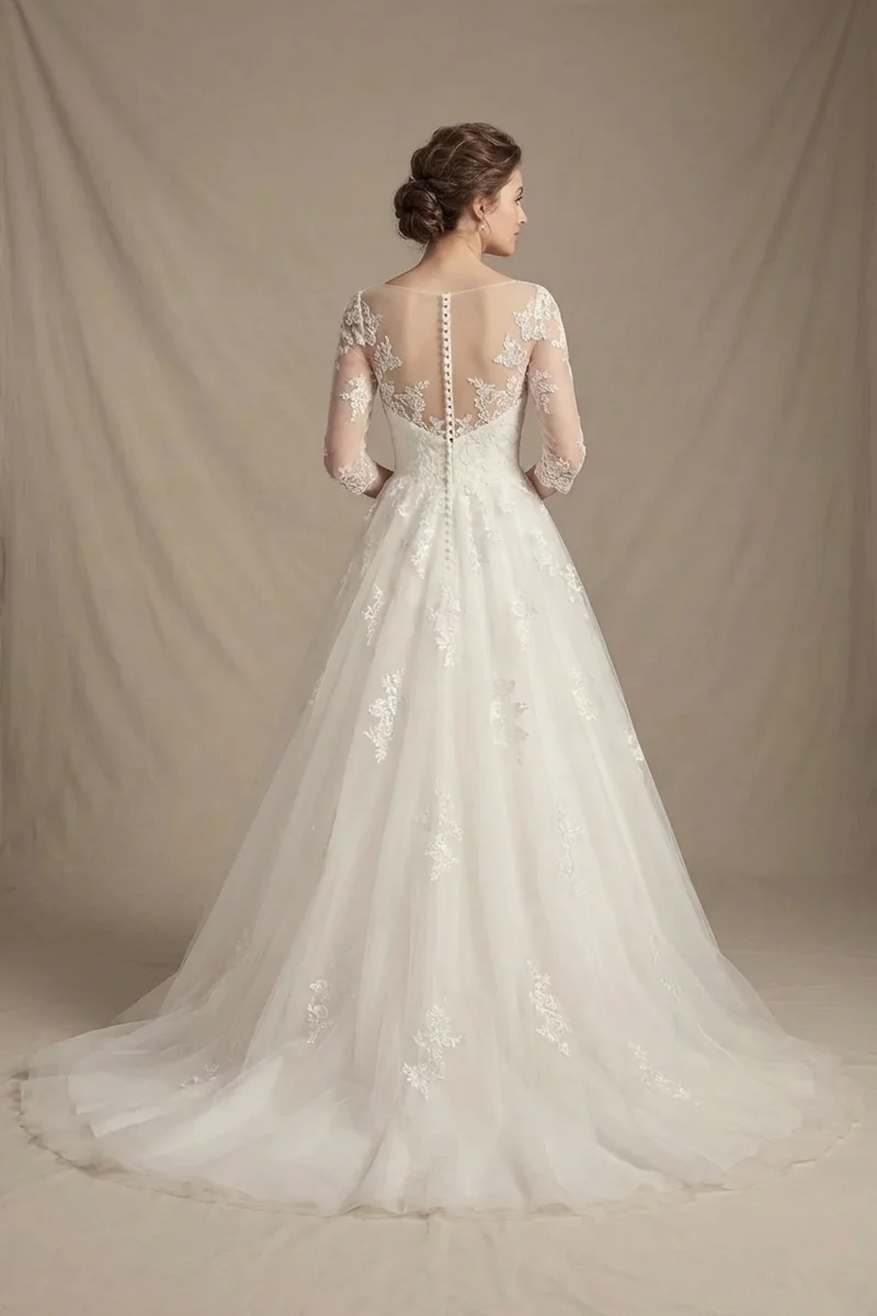 Elegant Tulle Wedding Dress with Applique 3/4 Sleeves - 2