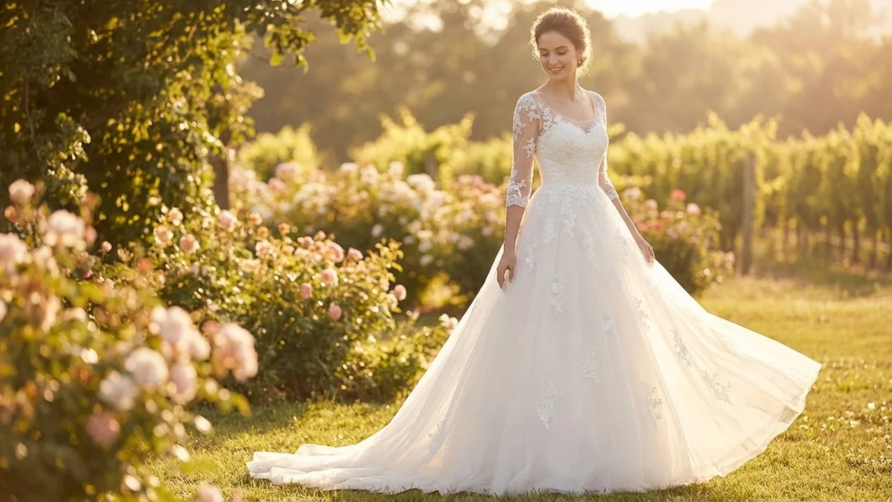 Elegant Tulle Wedding Dress with Applique 3/4 Sleeves - 6