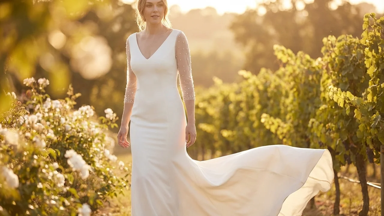 Modern Crepe Gown with Sheer 3/4 Sleeves - 6