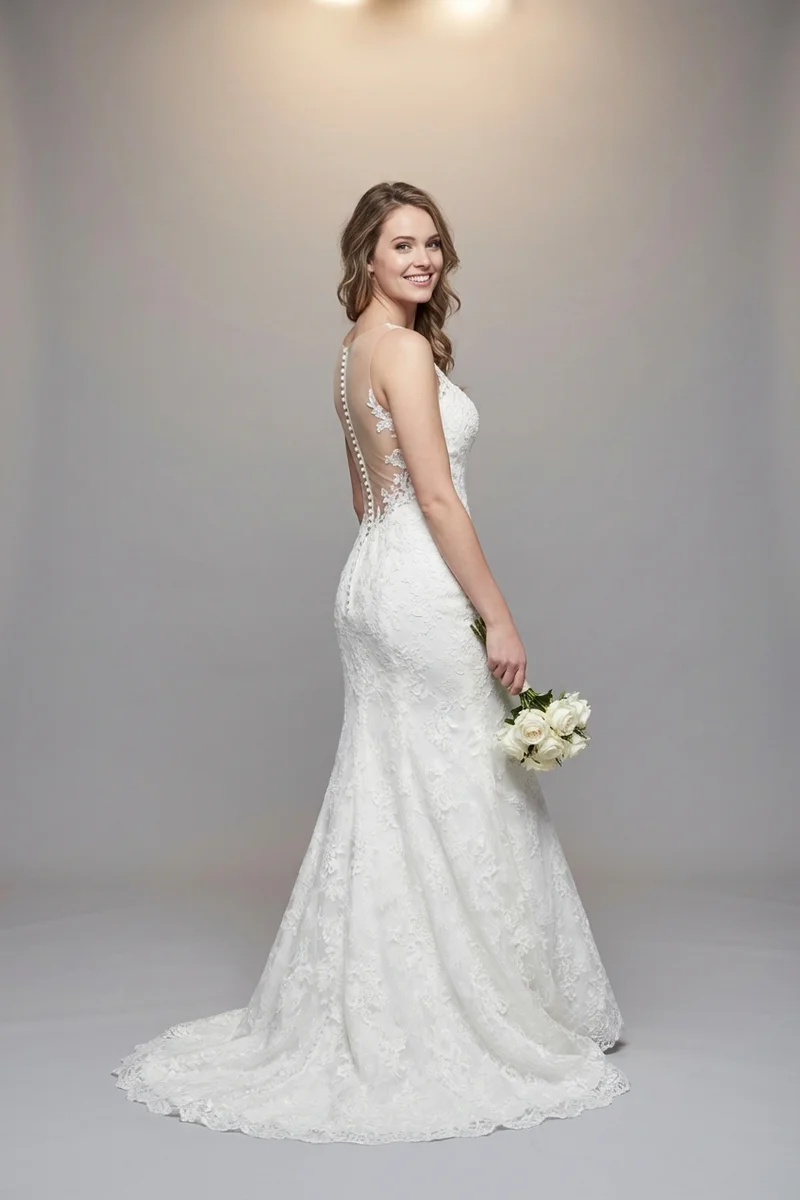 Classic Trumpet Lace Wedding Gown with Illusion Back - 1