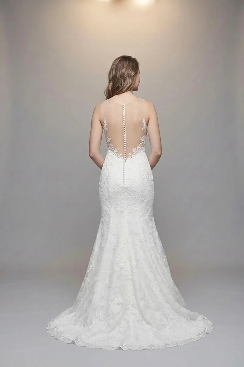 Classic Trumpet Lace Wedding Gown with Illusion Back - 2