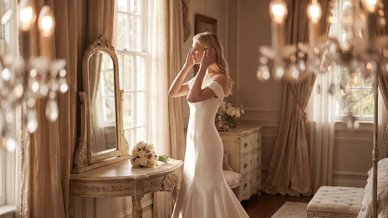 Satin Trumpet Bridal Gown with Off-Shoulder Sleeves - 5