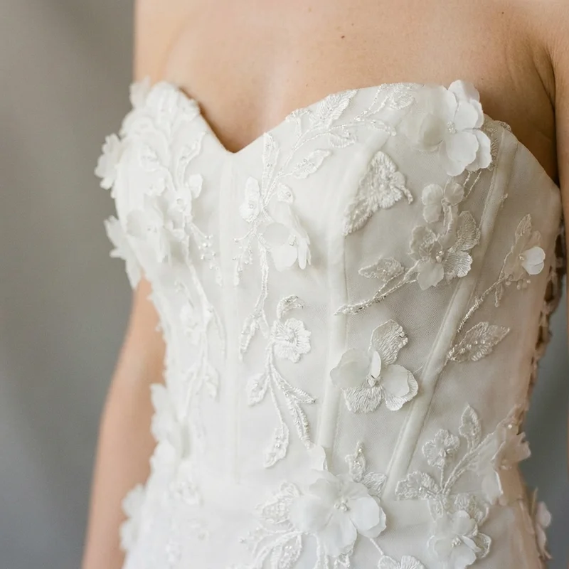 Trumpet Organza Wedding Dress with Floral Applique - 3