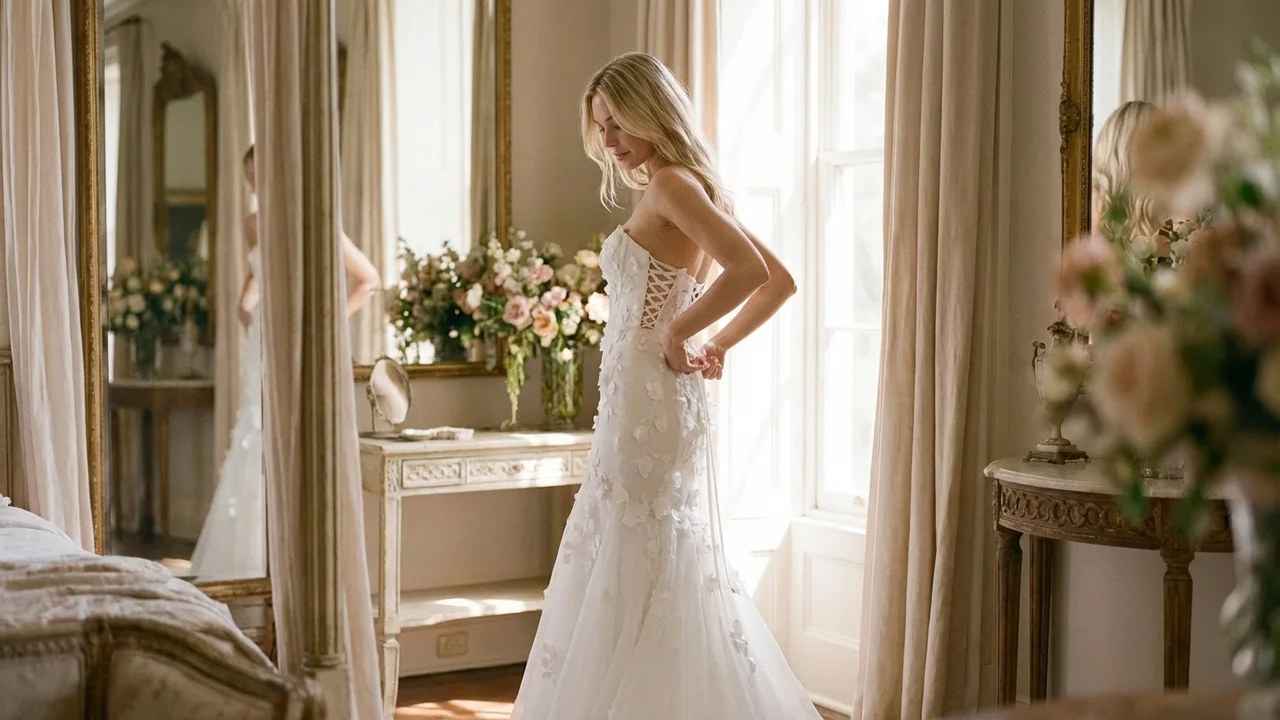 Trumpet Organza Wedding Dress with Floral Applique - 5