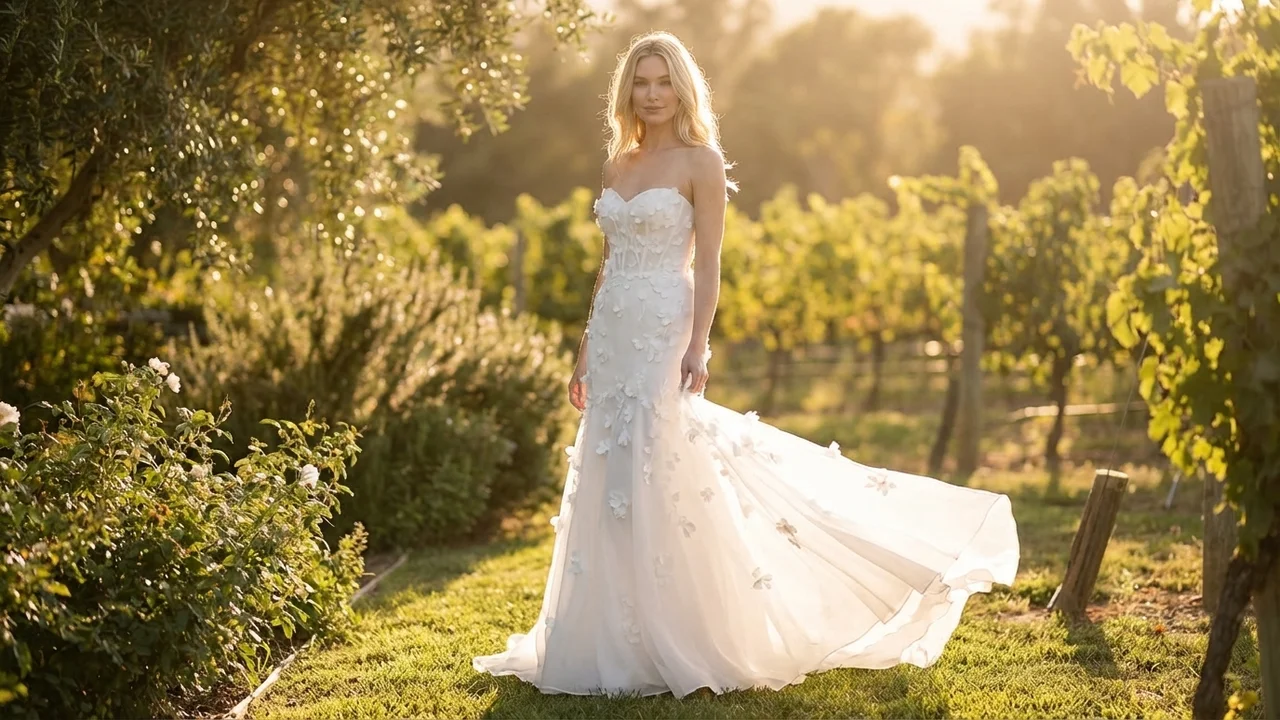 Trumpet Organza Wedding Dress with Floral Applique - 6