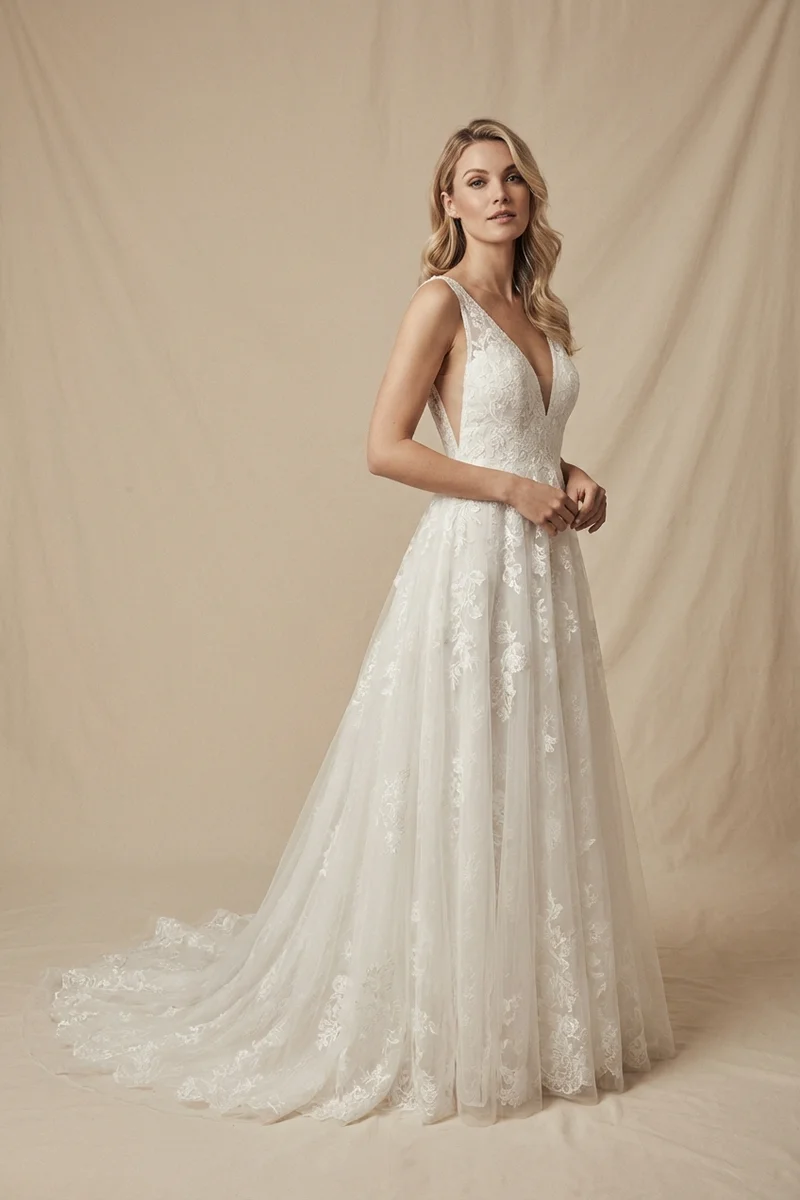 Romantic Lace V-Neck A-Line Wedding Dress - 1