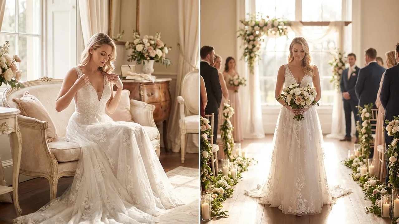 Romantic Lace V-Neck A-Line Wedding Dress - 5