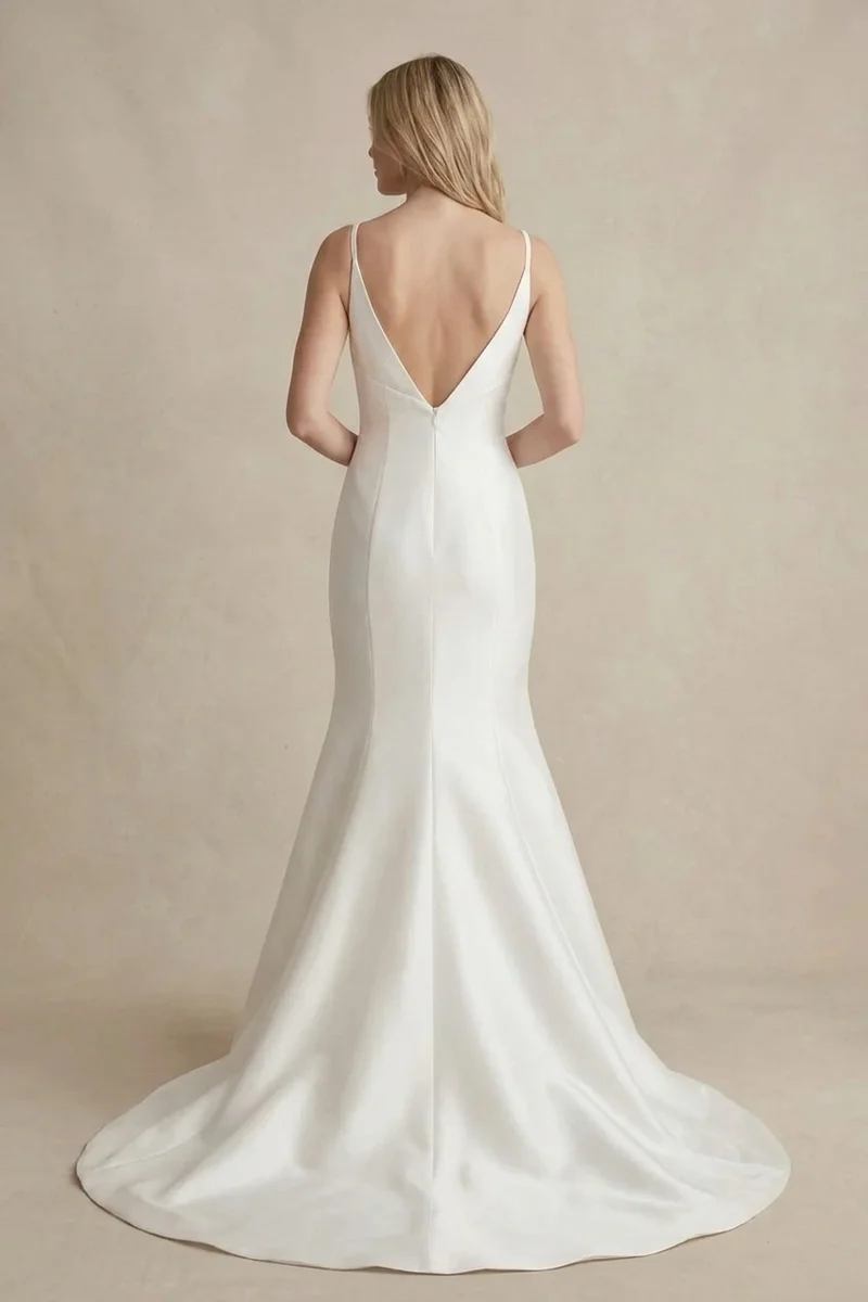 Sleek Satin V-Neck Mermaid Wedding Dress - 2