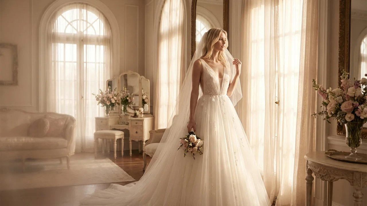 Dreamy Tulle V-Neck Princess Wedding Dress - 5