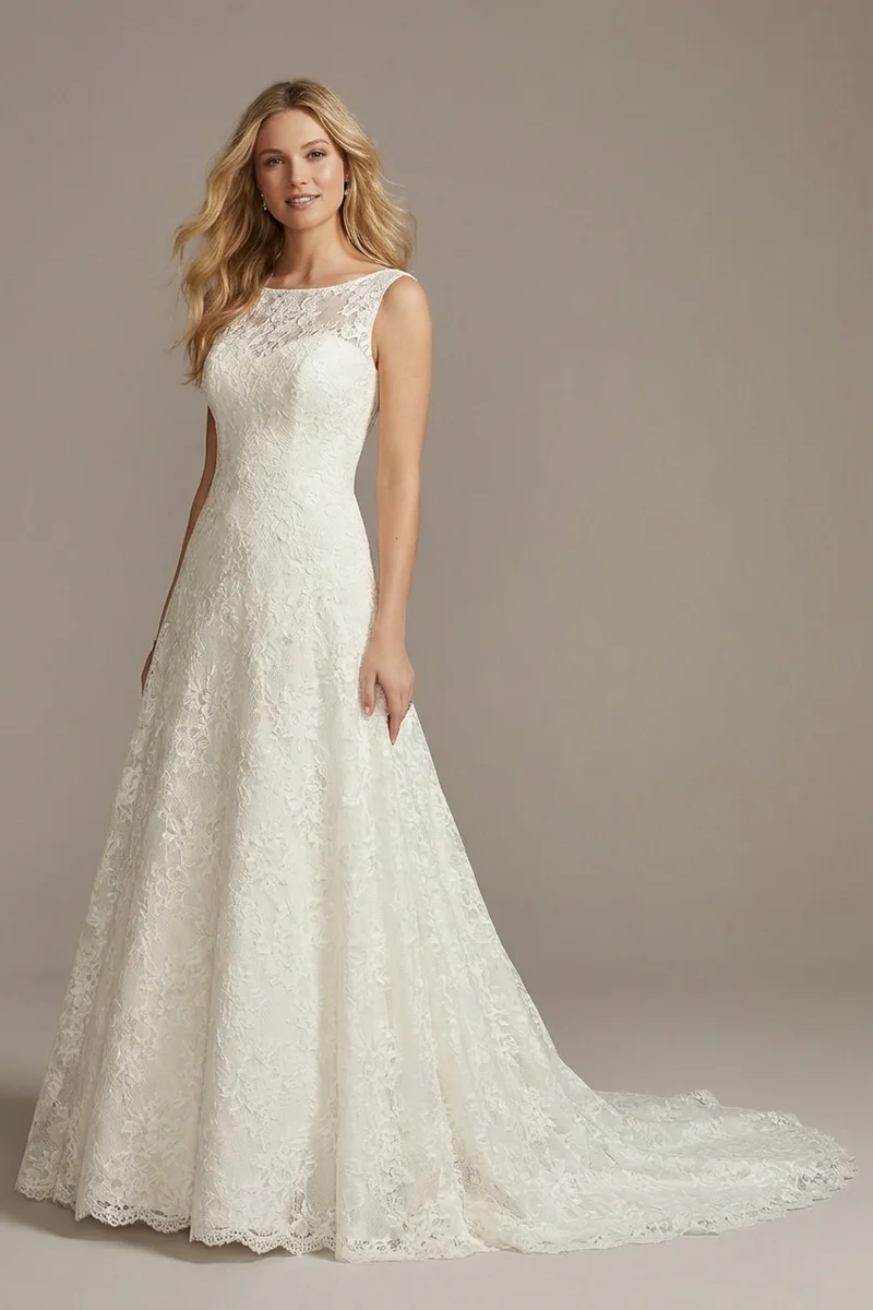 Classic White Lace A-Line Wedding Gown - 1