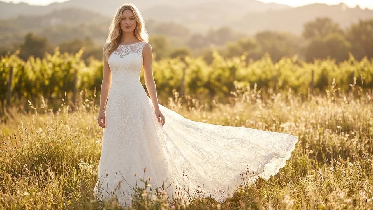 Classic White Lace A-Line Wedding Gown - 6